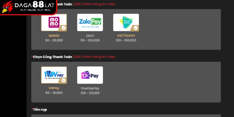 Nạp tiền DAGA88 qua ví điện tử